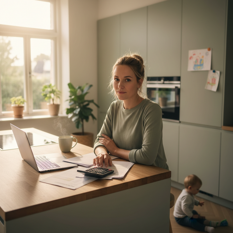 Ouder die financiële planning doet aan keukentafel met laptop en documenten