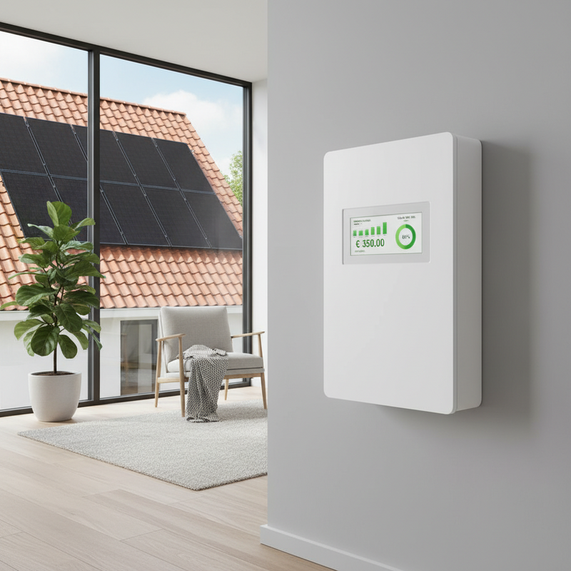 Moderne thuisbatterij aan muur in Nederlands gezinshuis met digitaal display dat energiebesparing toont