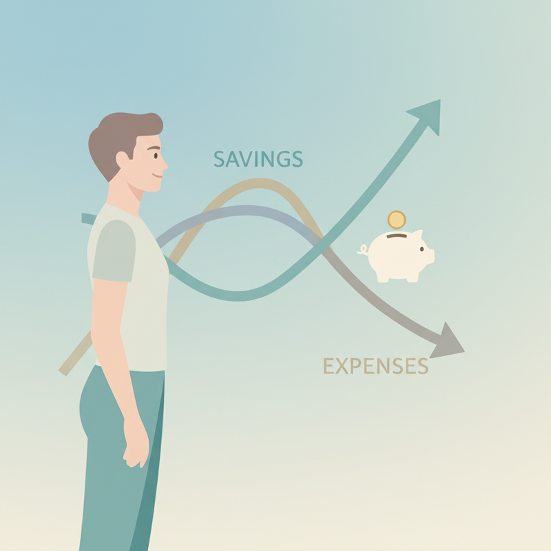 Een minimalistische afbeelding van een persoon die een financiële grafiek bekijkt die een gezonde balans toont tussen inkomsten en uitgaven, met een stijgende lijn voor besparingen en een dalende lijn voor onnodige uitgaven, inclusief een spaarvarken.