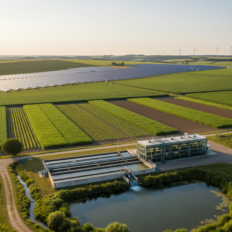 Visuele weergave van gediversifieerde duurzame beleggingen met zonnepanelen, landbouwgrond en waterzuivering