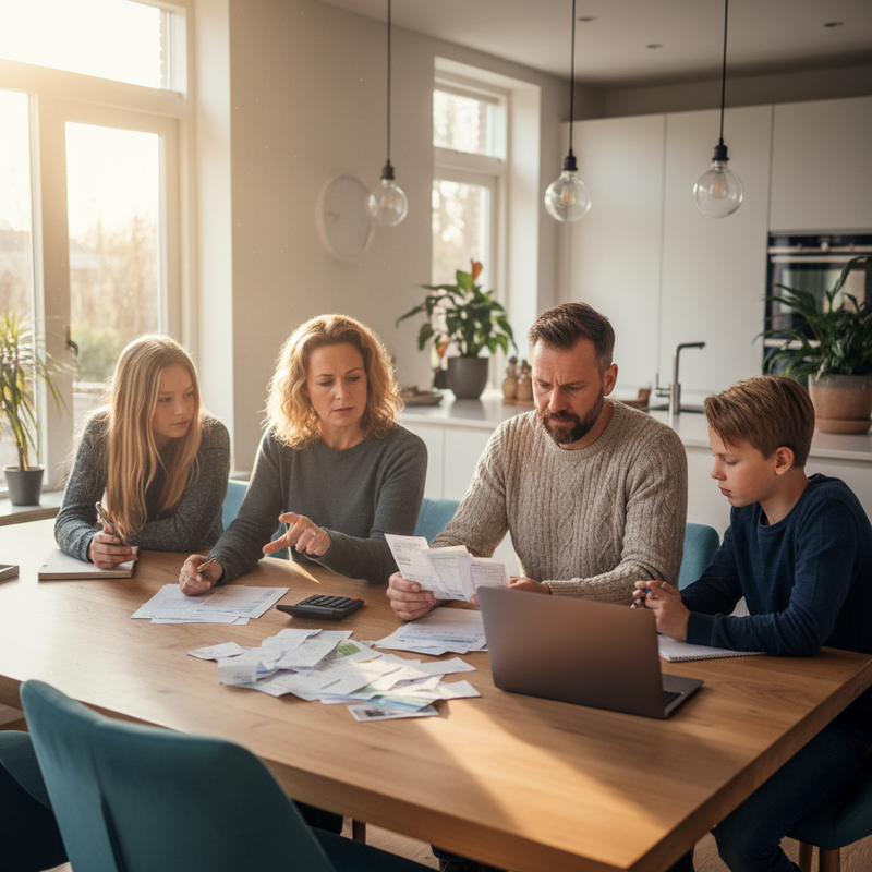 Familie aan keukentafel met rekeningen en calculator, bezig met budgetplanning