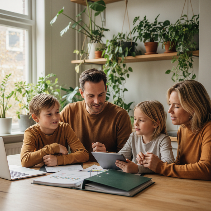 Nederlands gezin bespreekt financiële planning aan keukentafel met documenten en laptop