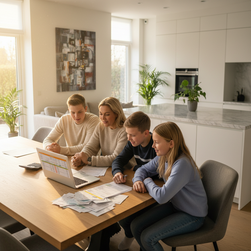 Nederlands gezin aan keukentafel bezig met budget planning en het bekijken van rekeningen op laptop