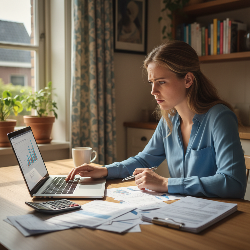 Jonge moeder aan keukentafel met rekeningen en calculator, controleert financiële documenten met bezorgde blik
