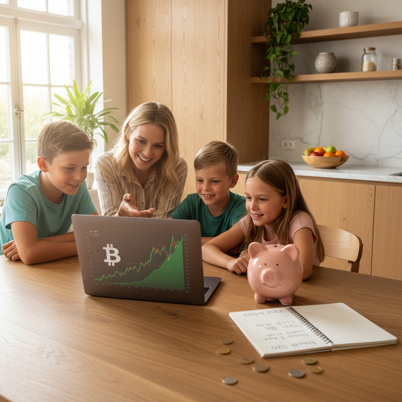 Familie aan keukentafel met laptop met Bitcoin-koersgrafiek, spaarvarken en budgetnotities