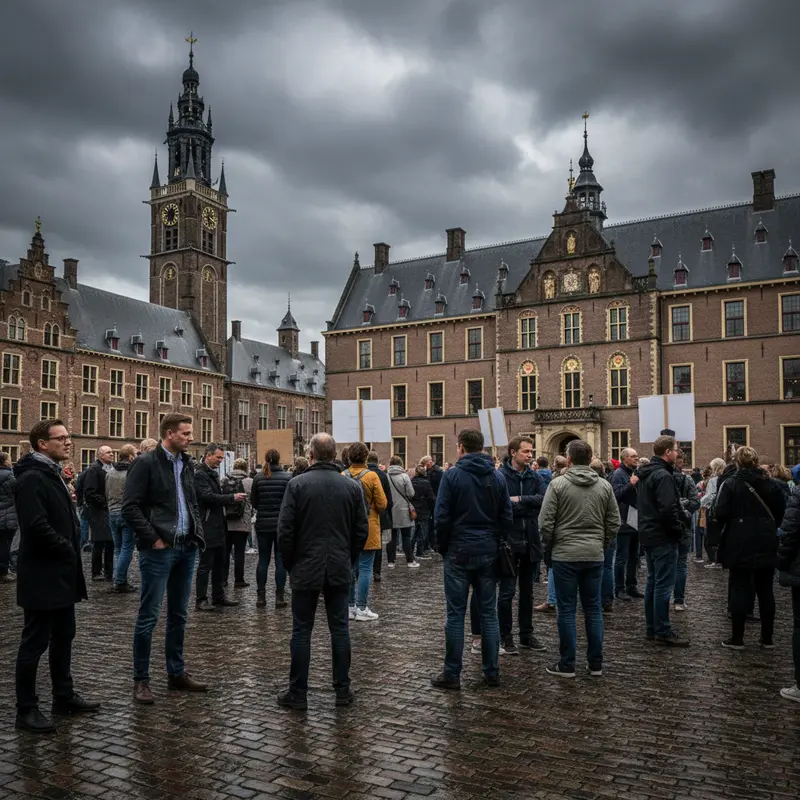 Protesters demonstrating against Dutch Box 3 asset tax reform in front of parliament building
