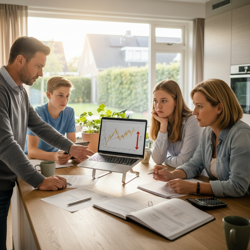 Familie aan keukentafel met financiële documenten en laptop met goudprijsgrafiek