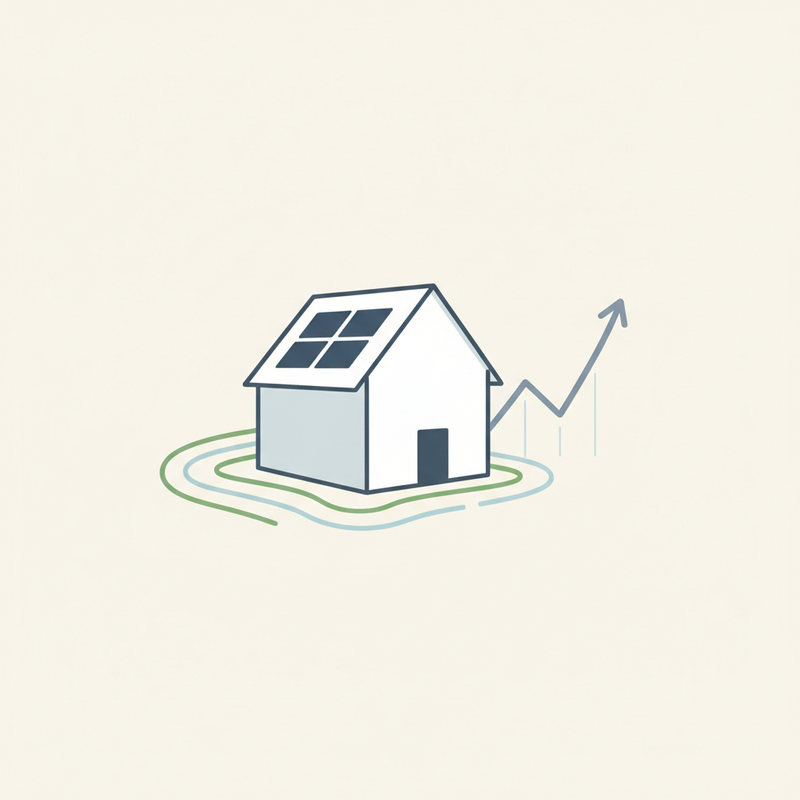 Een minimalistische illustratie van een huis met zonnepanelen, omringd door abstracte lijnen die cashflow voorstellen, en een opwaartse grafiek, symboliserend strategische financiële groei en investeringen.