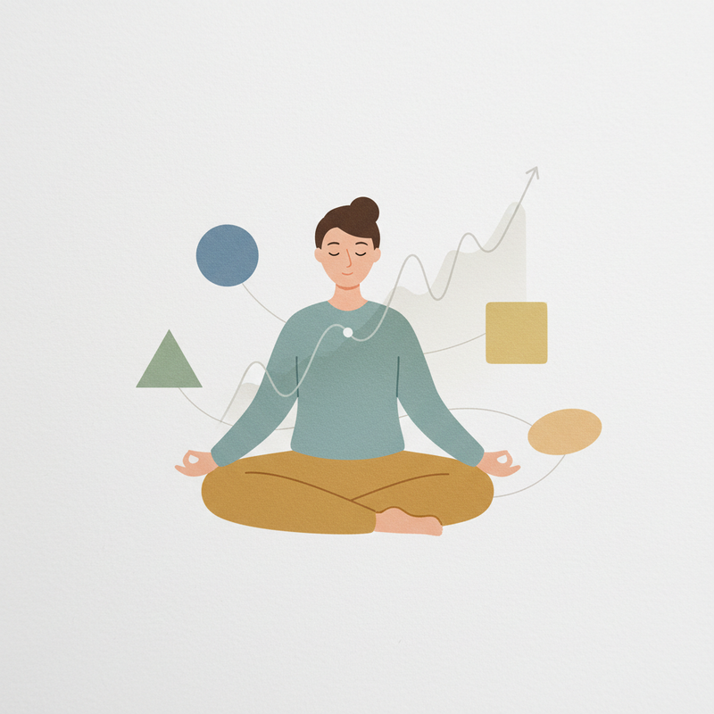 Een rustige figuur in meditatiehouding, verbonden met een zacht opwaartse financiële grafiek, omringd door diverse, abstracte vormen die een gespreide portefeuille symboliseren.