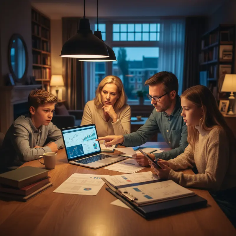Nederlands gezin aan tafel met financiële documenten en laptop met beleggingsgrafieken