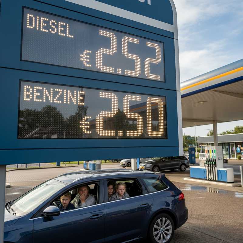 Digitaal prijzenbord bij Nederlands tankstation toont recordhoge diesel- en benzineprijzen boven 2,50 euro per liter
