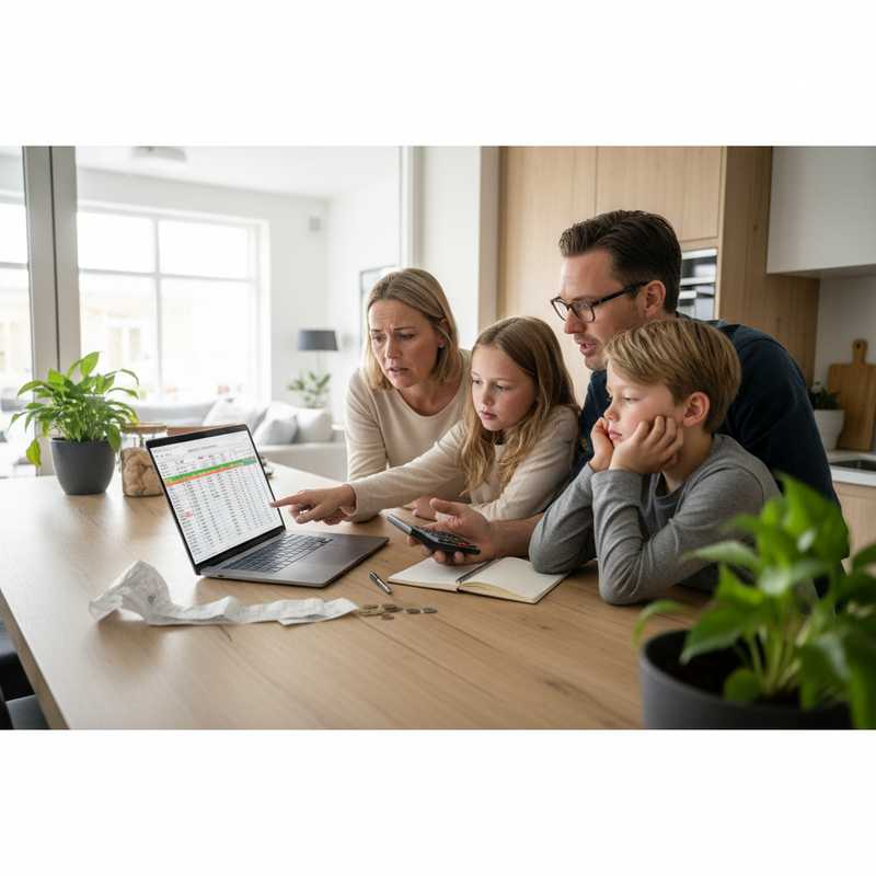 Dutch family reviewing household budget and expenses at kitchen table with laptop and receipts