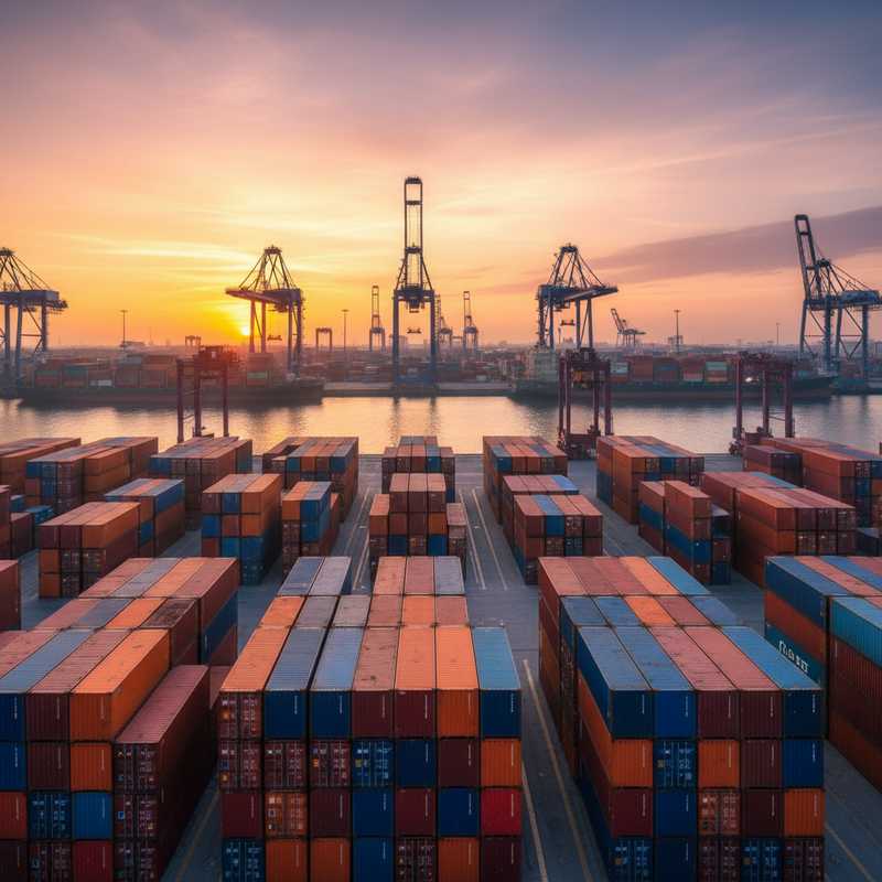 Containerterminal in de haven van Rotterdam met stapels containers en kraaninstallaties bij zonsondergang