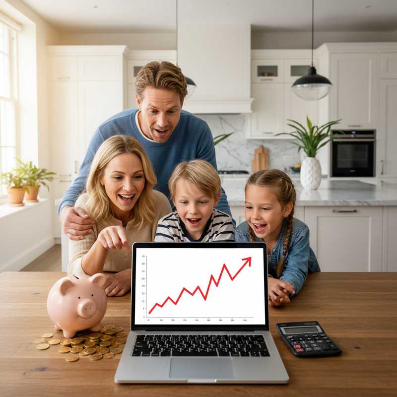 Familie bekijkt stijgende spaarrentes op laptop met spaarvarken en rekenmachine op tafel