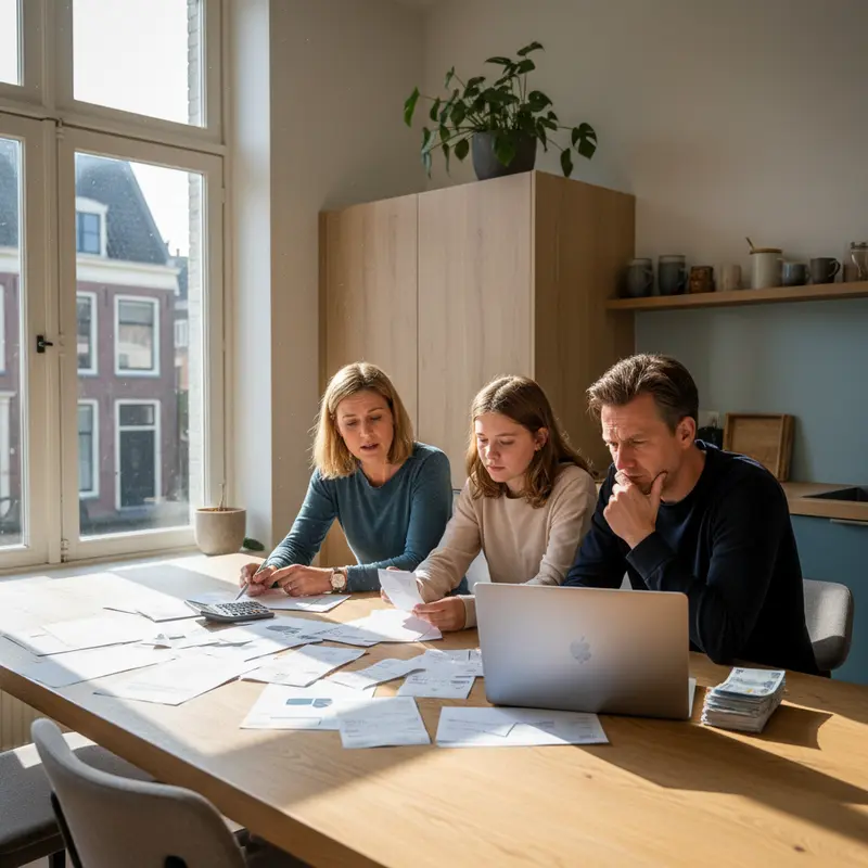 Nederlands gezin controleert maandelijkse uitgaven en rekeningen aan keukentafel met rekenmachine