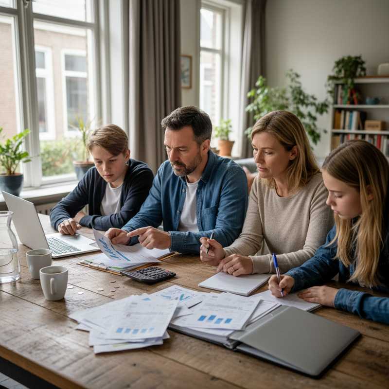 Nederlands gezin controleert maandelijks budget en rekeningen aan keukentafel met calculator en laptop