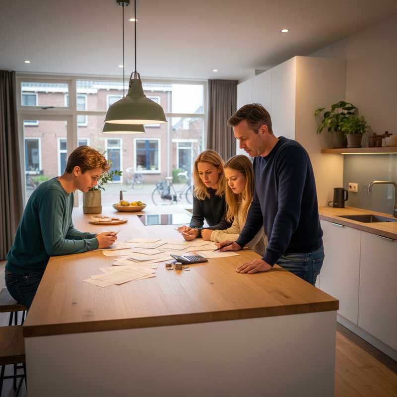 Familie zit aan keukentafel en bekijkt samen financiële documenten en rekeningen