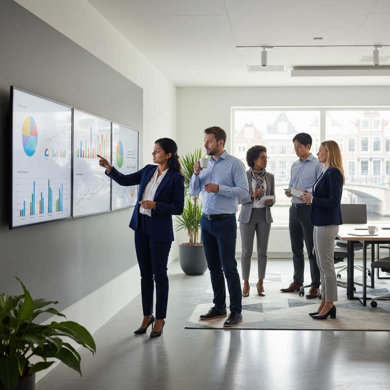 Professionele kantooromgeving met financiële medewerkers die prestatiegegevens bekijken op computerschermen