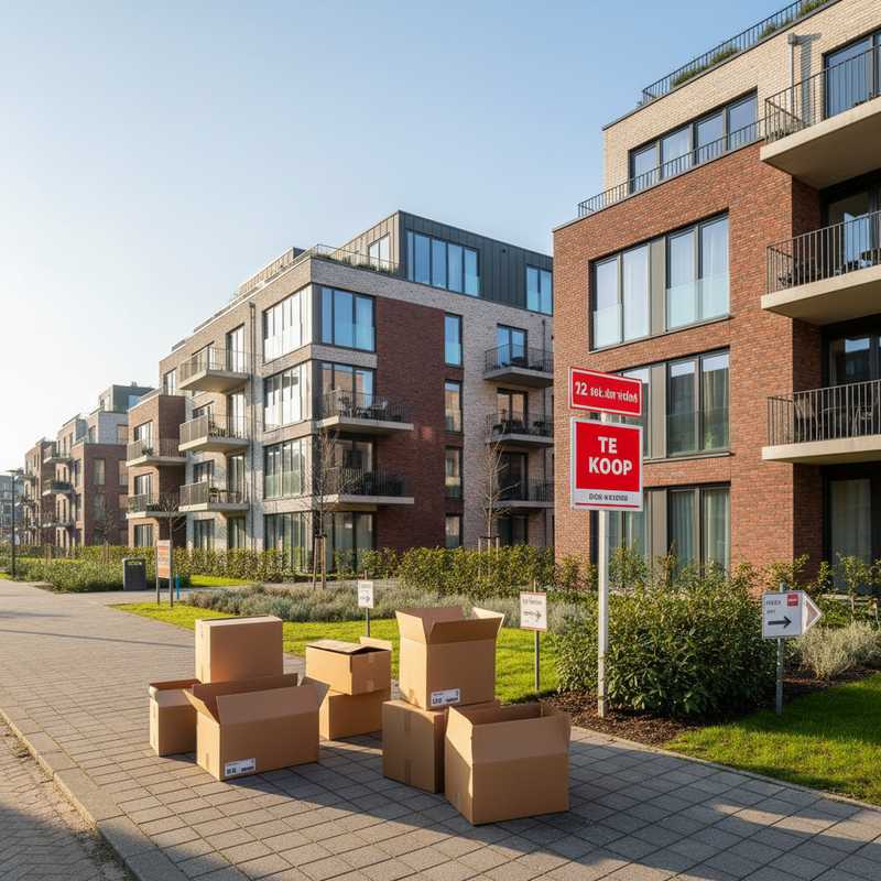 Modern Nederlands appartementencomplex met huurwoningen en verkoopbord, illustrerend de vastgoedverkoop bij Vesteda