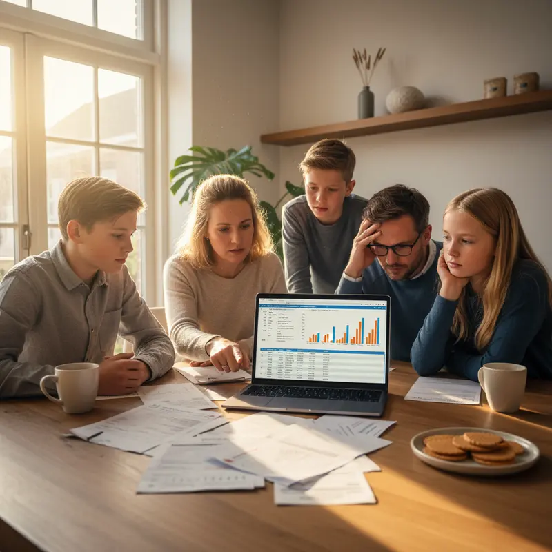 Nederlandse familie bekijkt rekeningen en verzekeringsdocumenten aan keukentafel met laptop voor budgetplanning