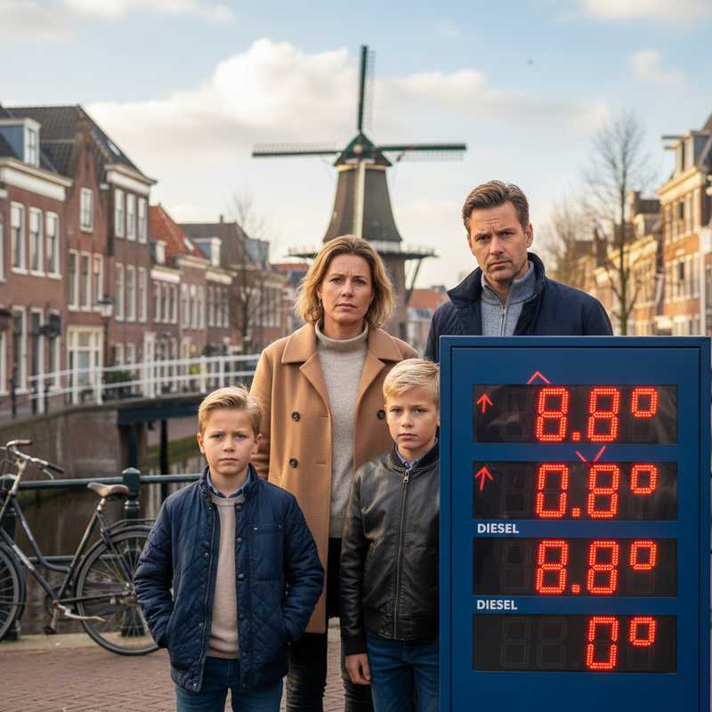 Nederlands gezin bij tankstation bekijkt hogere benzineprijzen op display