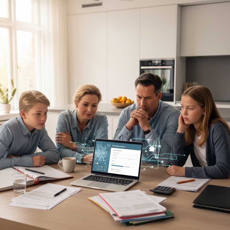 Nederlands gezin bekijkt hypotheekaanvraag op laptop met AI-visualisaties op scherm