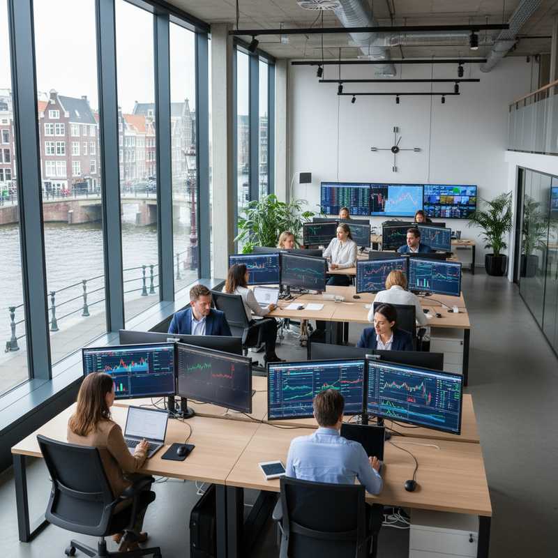 Moderne kantooromgeving van Nederlandse financiële instelling met professionals aan het werk