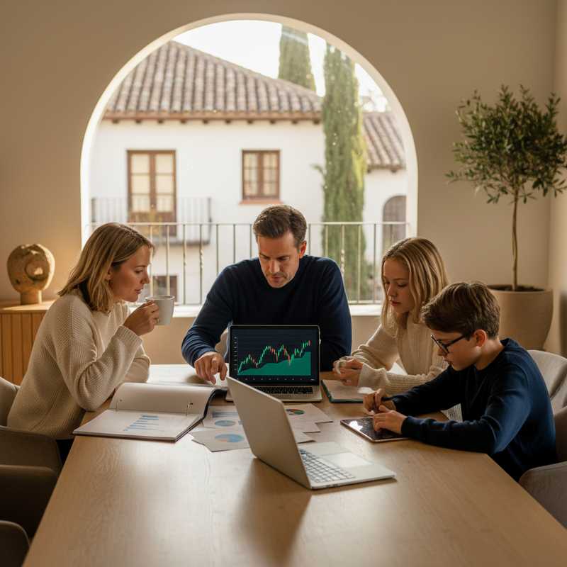 Familie bestudeert financiële documenten over grensoverschrijdende investeringen tussen Nederland en Spanje