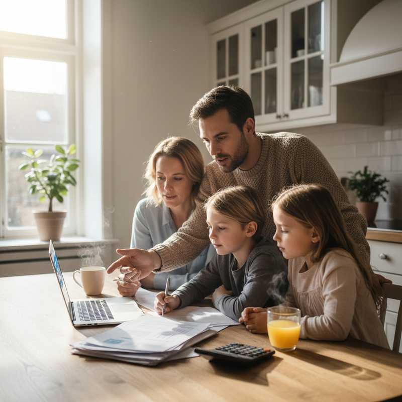 Nederlands gezin doet samen belastingaangifte op laptop aan keukentafel met documenten
