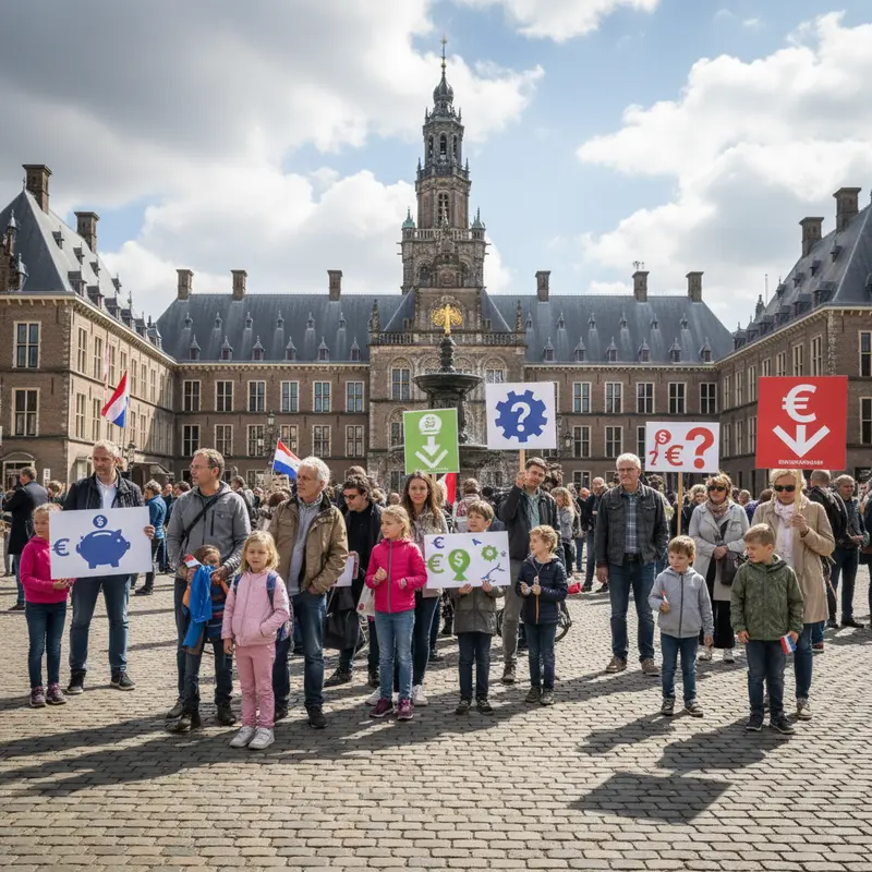 Demonstranten met protestborden over vermogensbelasting voor het Nederlandse parlement