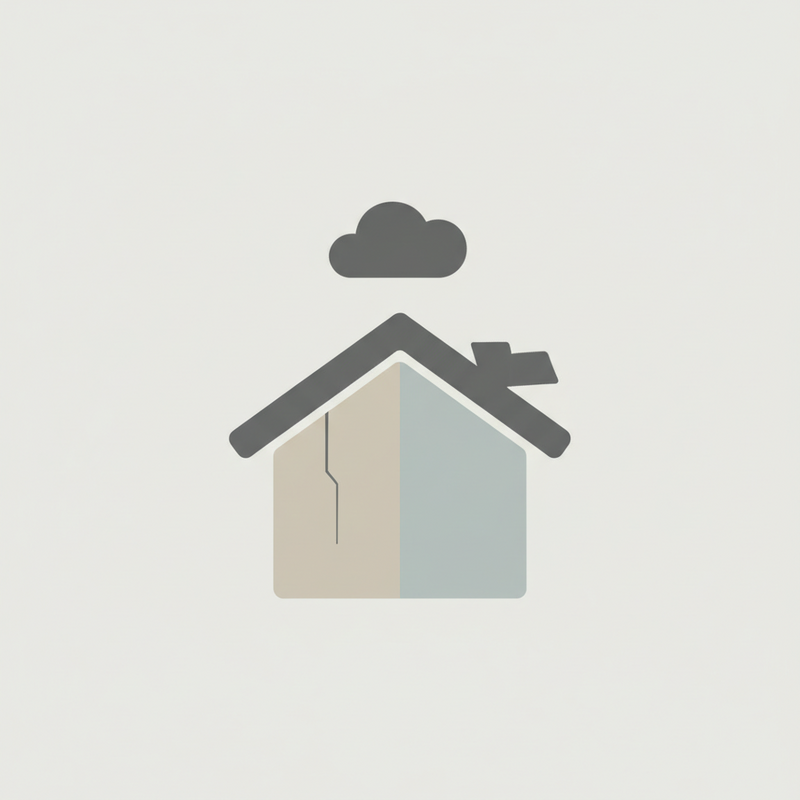 Een minimalistische illustratie van een huis met een subtiele scheur in de muur en een scheve dakpan, met daarboven een klein, donker wolkje. Dit symboliseert de risico's en onverwachte kosten van vastgoedbeleggingen.