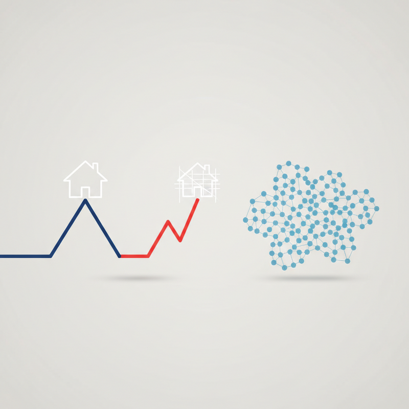Een minimalistische illustratie van drie verschillende vastgoedbeleggingsstrategieën. Links een lang, kronkelend pad naar een huis (buy-to-let). Midden een kort, steil pad naar een modern huis (flippen). Rechts een netwerk van kleine stippen (REITs/fondsen).