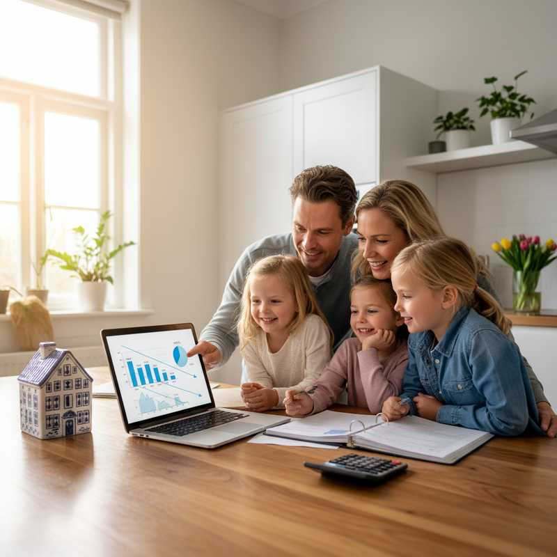 Nederlands gezin bekijkt financiële documenten en grafieken over staatsschuld aan keukentafel met laptop en spaarpot