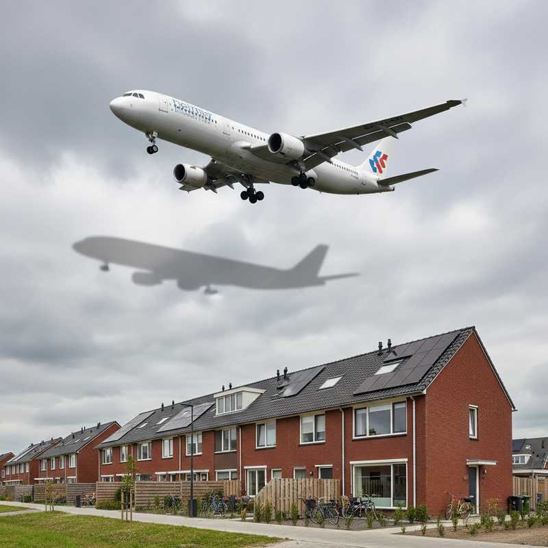 Nederlandse eengezinswoningen met laagvliegend vliegtuig erboven, illustreert geluidsoverlast Schiphol