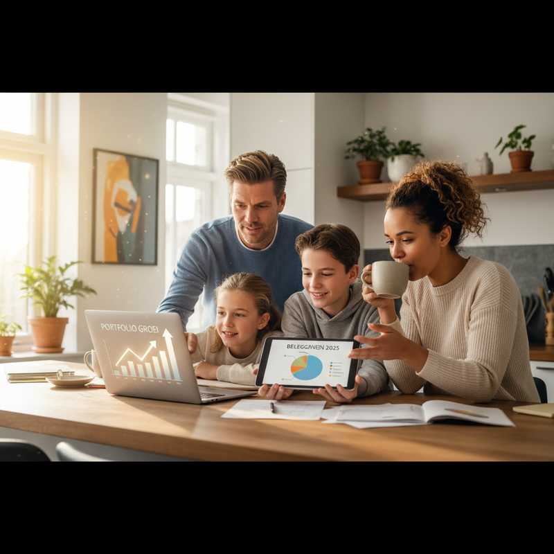 Familie bekijkt beleggingsportfolio op laptop met stijgende grafieken aan keukentafel