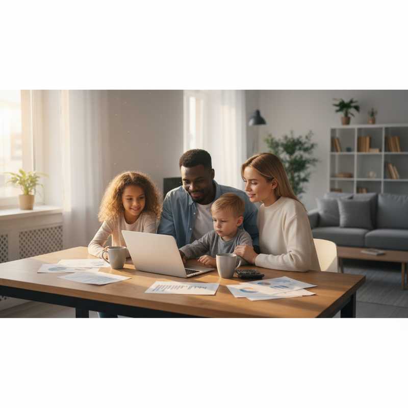 Familie aan keukentafel die financiële documenten en toeslagenberekeningen controleert op laptop