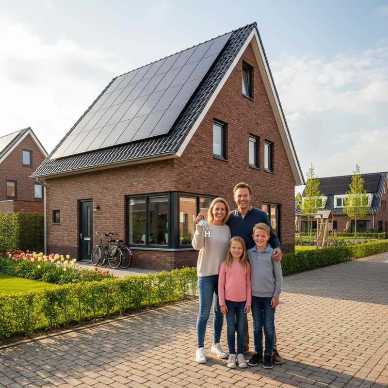 Nederlands gezin met huissleutels voor hun woning met zonnepanelen, illustreert toegankelijkere hypotheek door hogere NHG-grens