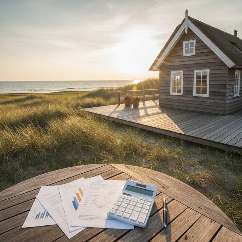 Vakantiewoning aan het water met belastingdocumenten en rekenmachine op tafel