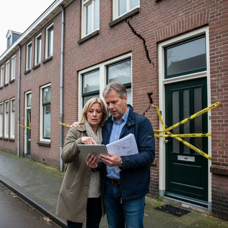Nederlands huis met funderingsscheuren en bezorgd stel dat reparatiekosten bekijkt
