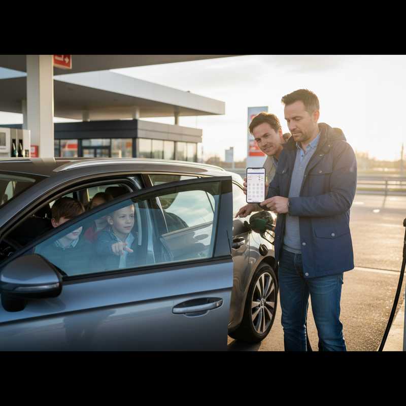 Nederlandse automobilist bij tankstation met smartphone die kilometervergoeding berekent