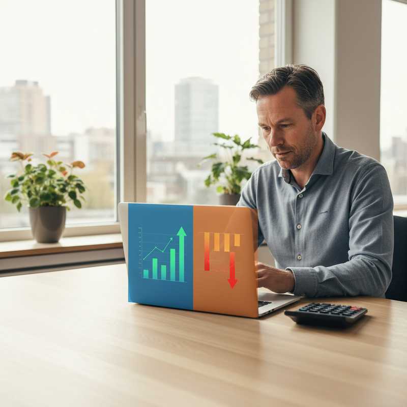 Nederlandse ondernemer vergelijkt beleggingsopties tussen BV en privé op laptop met financiële grafieken