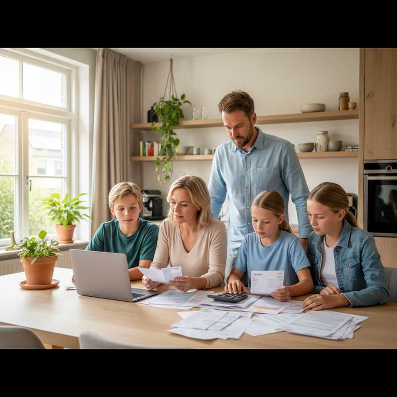 Nederlands gezin bekijkt financiële documenten en rekeningen aan keukentafel met calculator