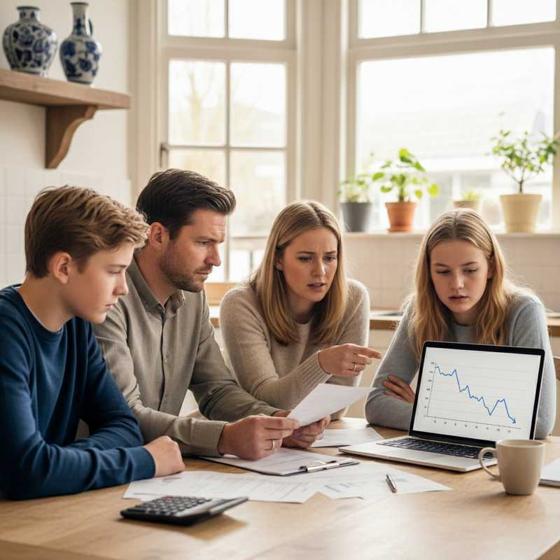 Familie aan keukentafel bekijkt financiële documenten en grafieken met dalende spaarrentes op laptop