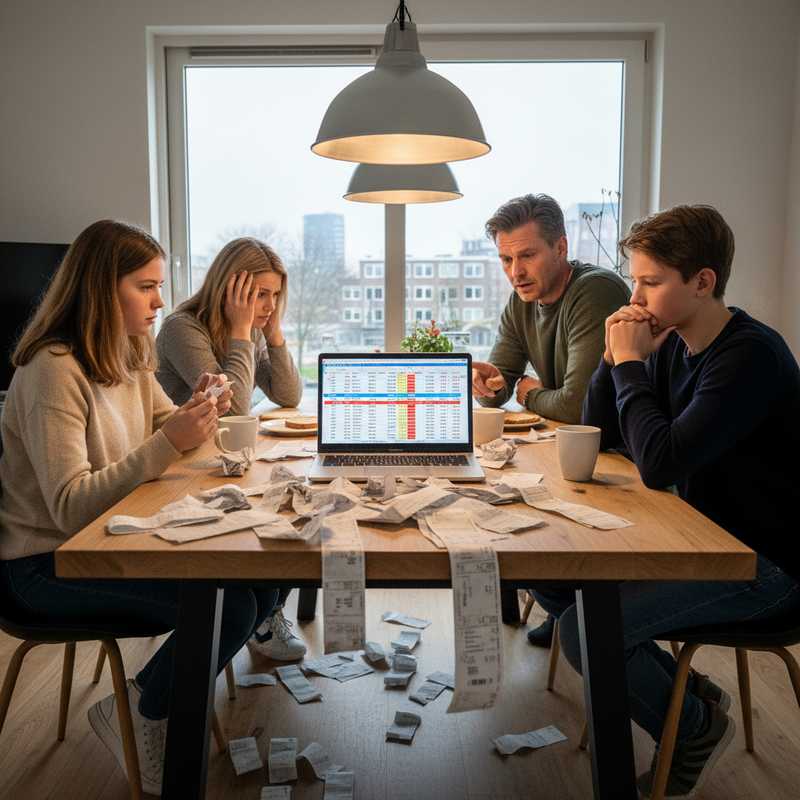 Familie aan keukentafel met onbetaalde rekeningen en budgetadministratie, symboliseert financiële druk door energiecrisis