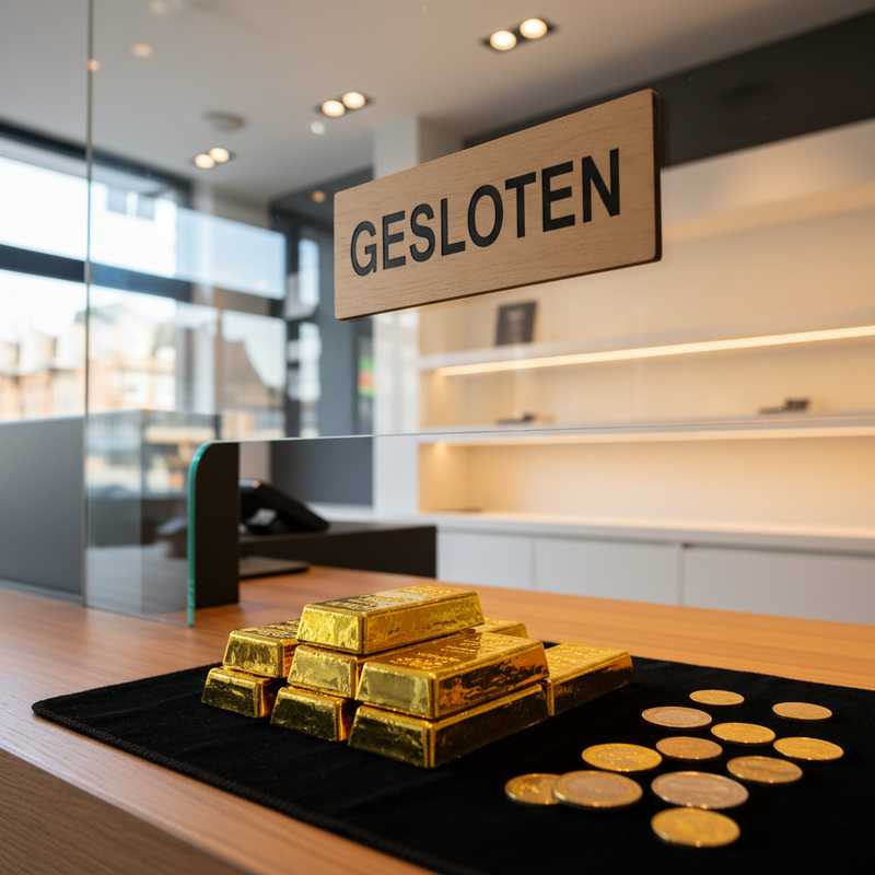 Gesloten wisselkantoor met gouden munten en staven op de voorgrond