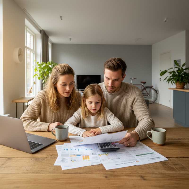 Nederlands gezin bekijkt energierekeningen en isolatiedocumenten aan keukentafel met calculator
