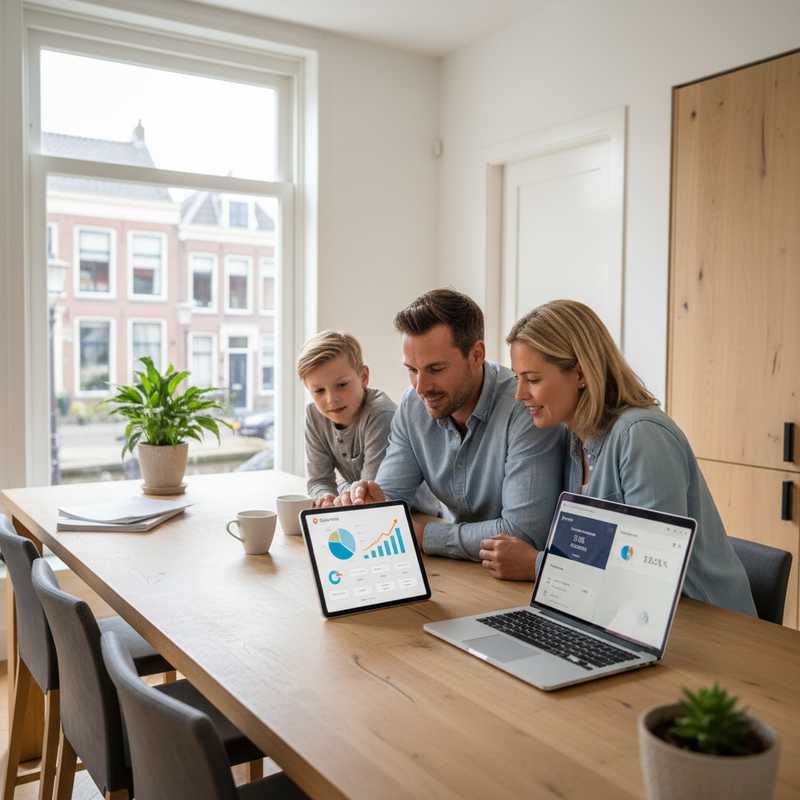 Familie vergelijkt spaarrentes op tablet in moderne Nederlandse keuken