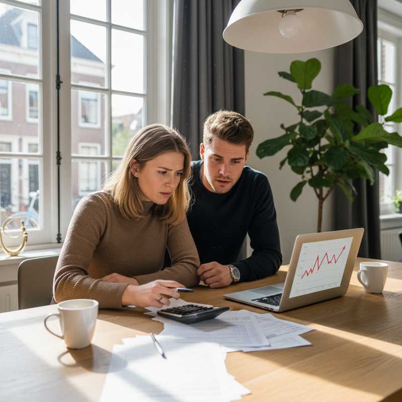 Jong koppel bekijkt bezorgd financiële documenten en stijgende rentegrafiek op laptop aan keukentafel