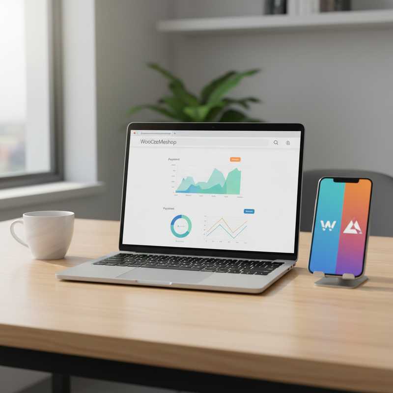 Laptop met webwinkel dashboard en smartphone met Wise en Adyen logo's op bureau