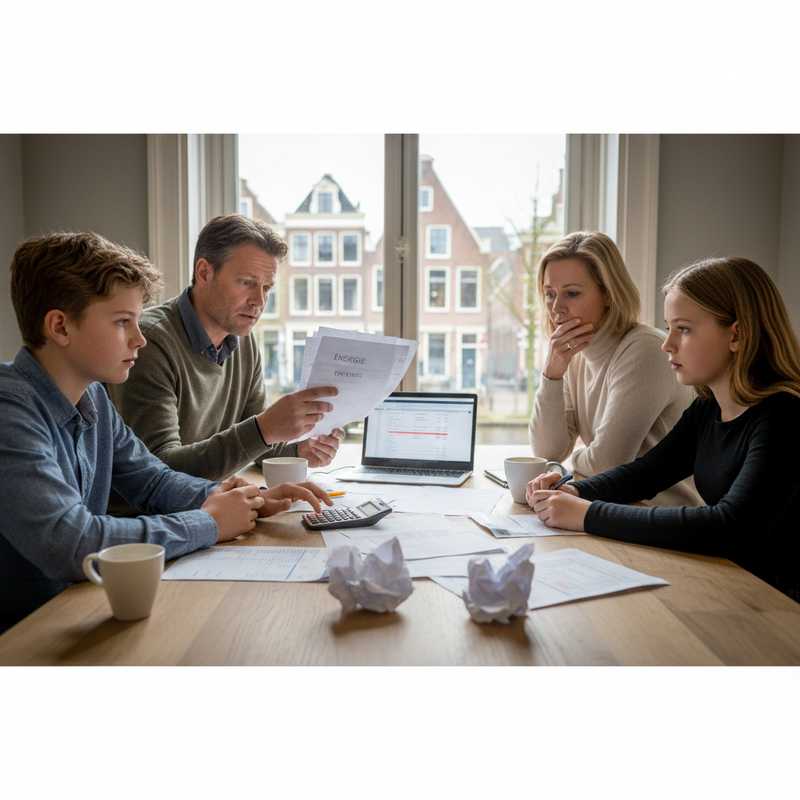 Nederlands gezin aan keukentafel met rekeningen en calculator, bezig met budgetplanning